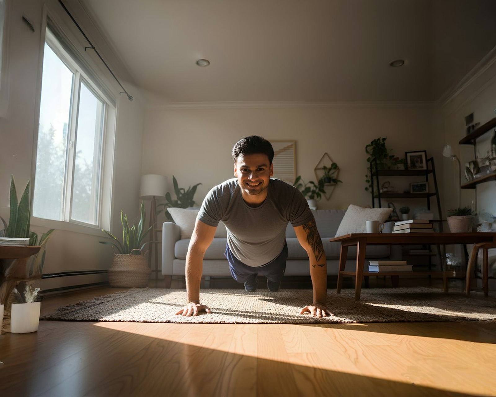 A person doing a push-up on their living room floor, framed the way a phone propped on the ground would see them