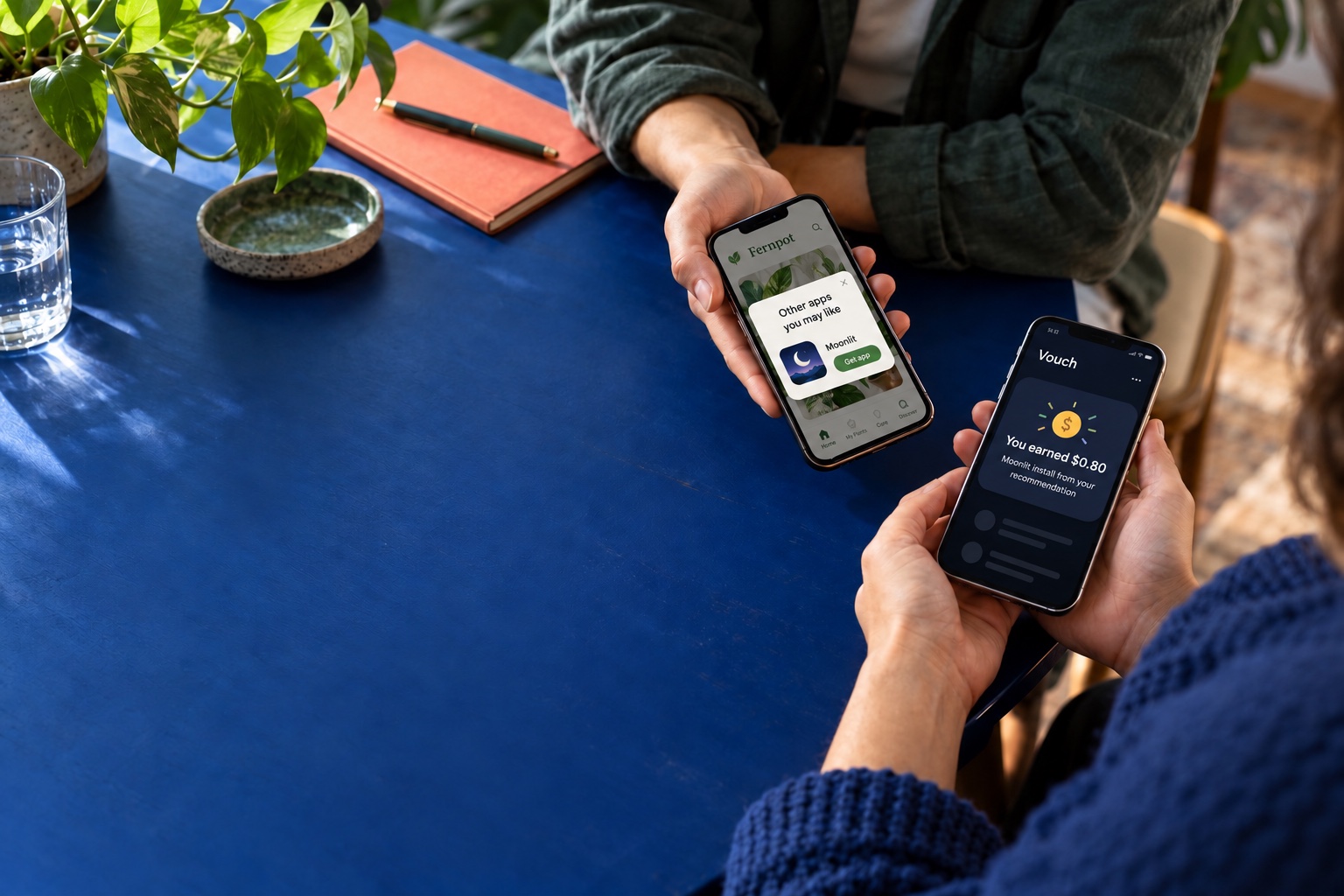 One phone shows an Other apps you may like recommendation for Moonlit in Fernpot. The other shows a Vouch notification that the maker earned $0.80.
